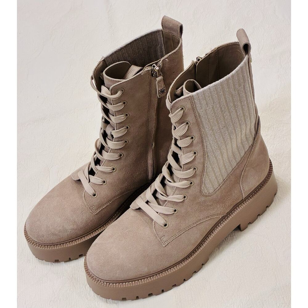NEW Sam Edelman Lydell Pebble Tan Sock Fitted Lace Up Combat Boots Sz 9.5